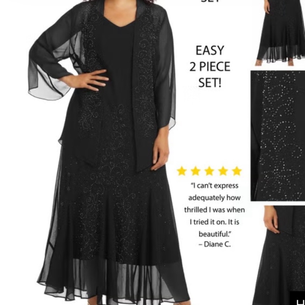 Catherines Black Beaded Chiffon Two-Piece Maxi Dress Set